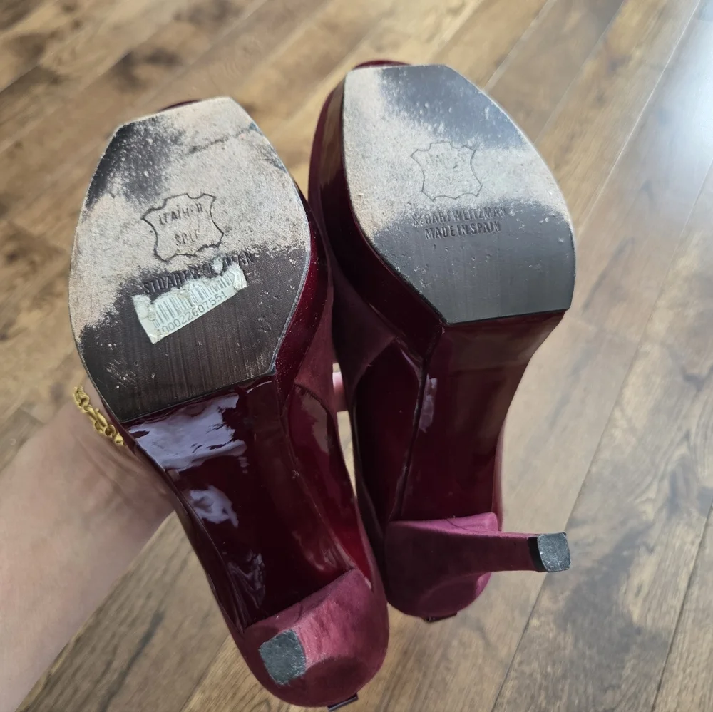 Stuart Weitzman Elegant Burgundy Peep-Toe Platform Heels Size 6 Made In Spain